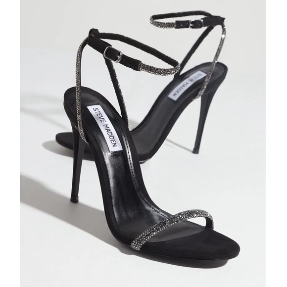 Steve Madden Breslin Crystal Embellished Ankle Wrap Strap Sandal Heels Black 7.5 - Picture 1 of 13